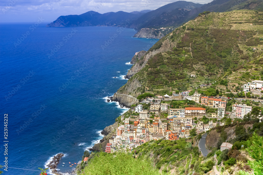 Riomaggiore, view from the top. Cinque Terre National Park, Liguria Italy Europe