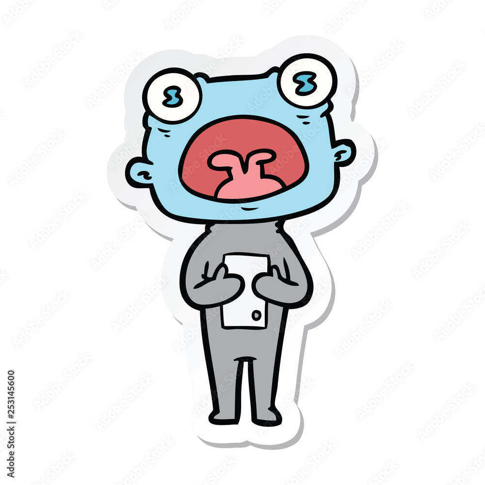 sticker of a cartoon weird alien communicating sticker of a cartoon weird alien communicating