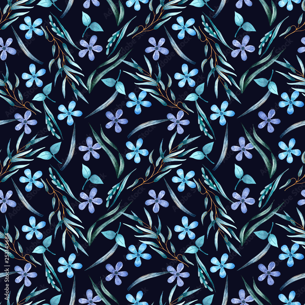 Seamless watercolor pattern with blue flowers and herbs on a black background. Illustration for fabrics, posters, postcards, packaging paper, decoration Seamless watercolor pattern with blue flowers and herbs on a black background. Illustration for fabrics, posters, postcards, packaging paper, decoration