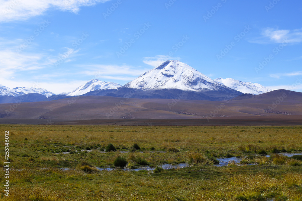 The landscape of northern Chile with the Andes Mountains and volcanoes with snow on the summit, Atacama Desert, Chile