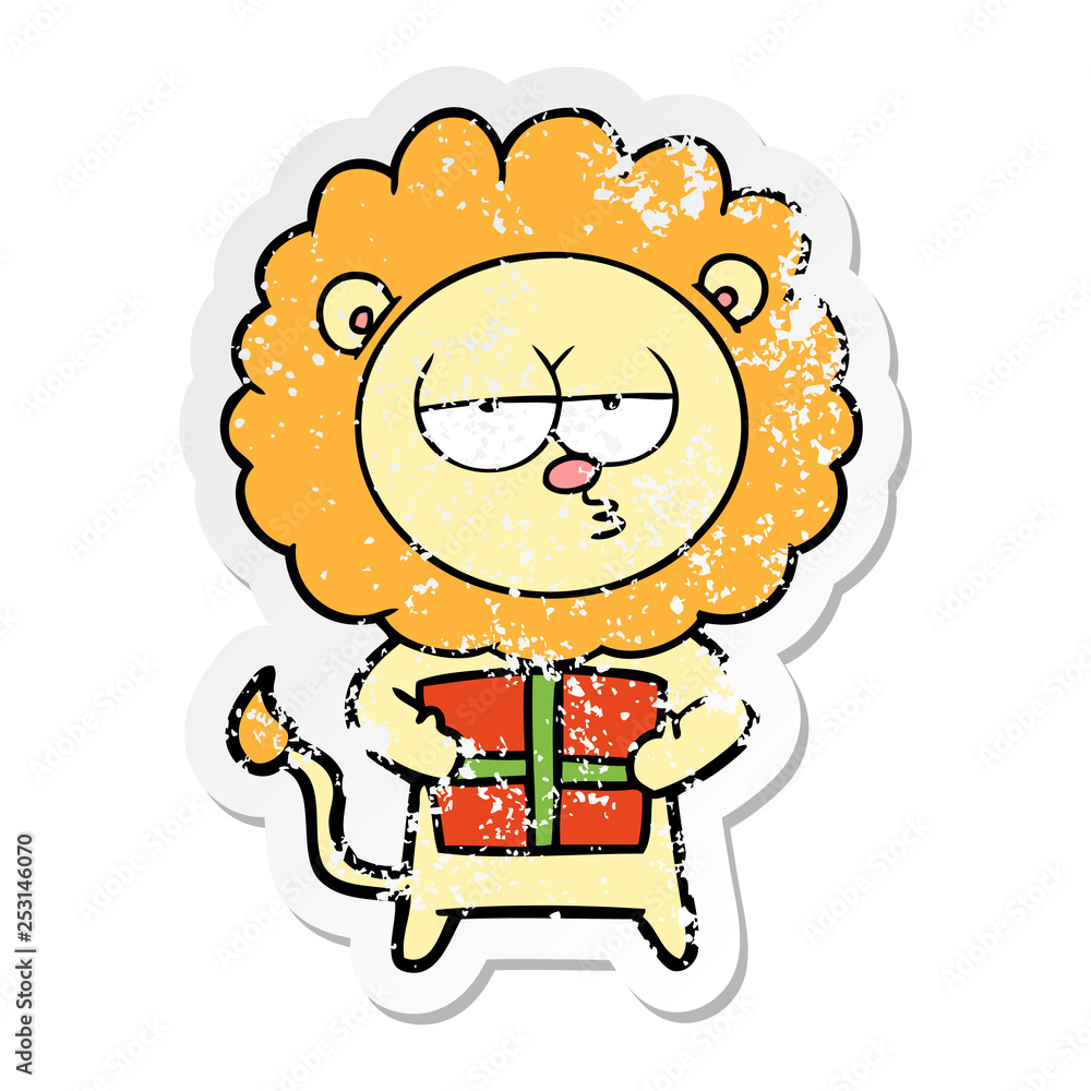 distressed sticker of a cartoon bored lion with present distressed sticker of a cartoon bored lion with present