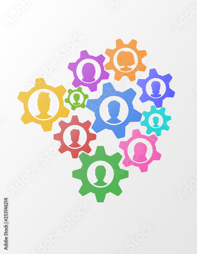 Business concept of teamwork strategy on abstract background with gears, flat style business network mechanism with people icons. Team management vector illustration