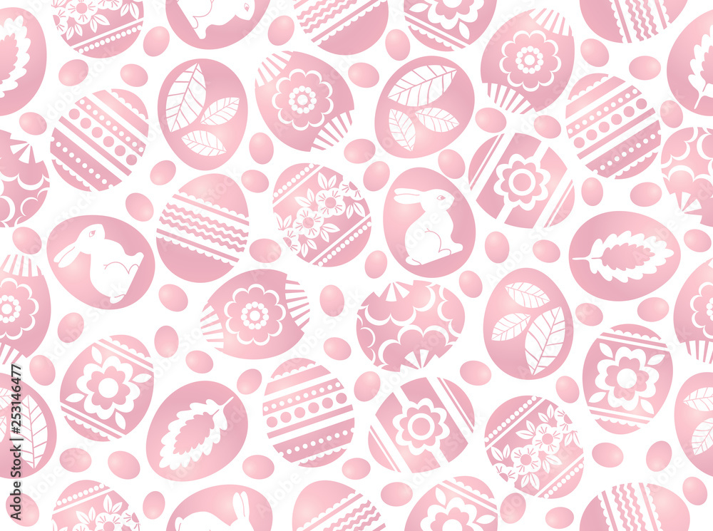Pink Easter eggs decorated with flowers, leafs and rabbits. Easter repeatable design. Seamless pattern. Can be used for fabric, wallpaper, web background, crap booking, vector