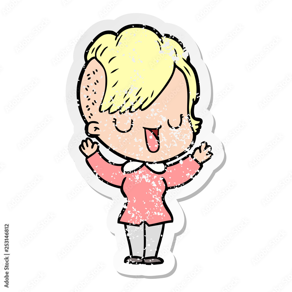 distressed sticker of a cute cartoon girl with hipster haircut