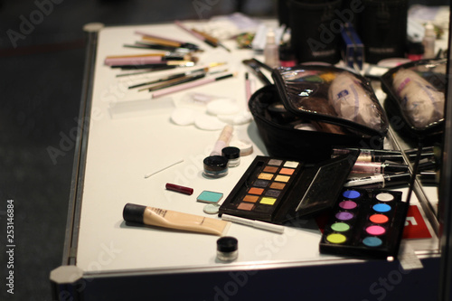 Various beauty products background. Makeup accessories on the table in a room. Cosmetic set. Beauty and fashion. Womens