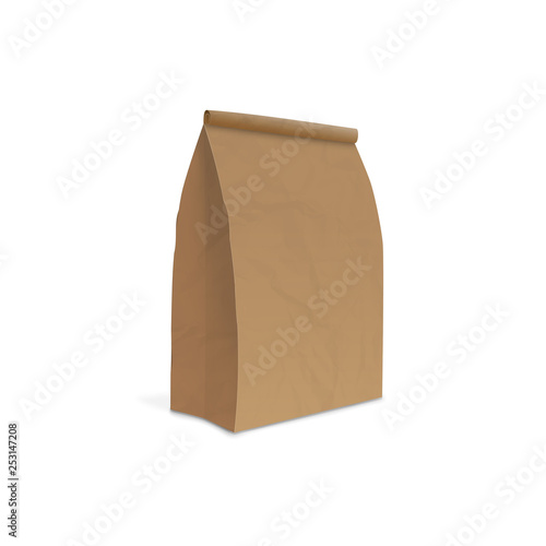 Paper bags mockup, blank paper containers in white background. Brown paper bag package for advertising and branding. Vector illustration.