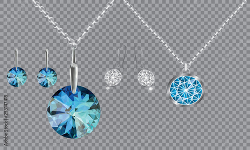 A set of jewelry. The chain and earrings, round in blue. Set decoration on a gray background.