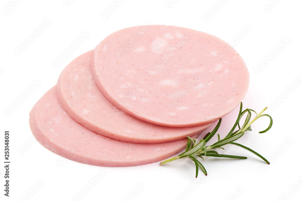 Sliced Fresh Italian mortadella, Boiled Bologna Sausage, Cooked ham, close-up, isolated on white background Sliced Fresh Italian mortadella, Boiled Bologna Sausage, Cooked ham, close-up, isolated on white background
