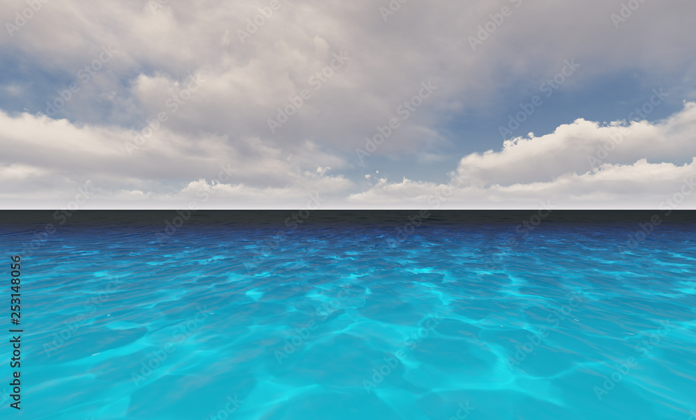 Obraz premium Beautiful tranquil natural vacation seascape with scenic ocean waves in tropical environment, deep clear transparent pure blue water background. A summer travel in paradise, peaceful 3D illustration