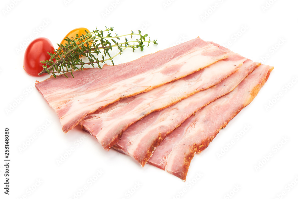 Sliced Smoked bacon, pork brisket with rosemary, american food, close-up, isolated on white background Sliced Smoked bacon, pork brisket with rosemary, american food, close-up, isolated on white background