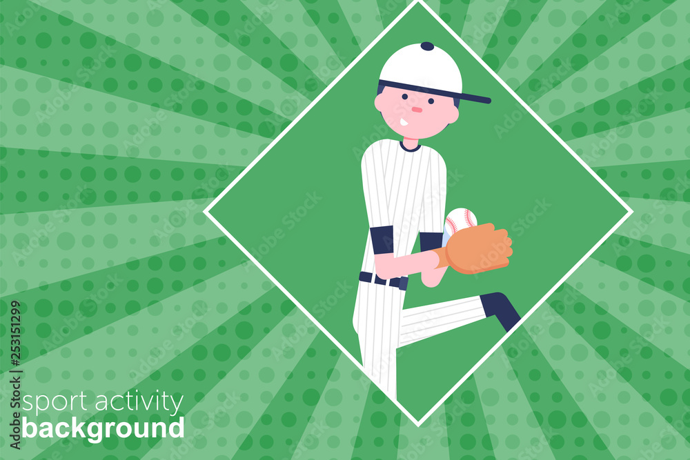 Fototapeta premium Vector Illustration. Baseball cartoon character in flat style. Baseball player with glove and ball. Retro style. Background. Pitcher