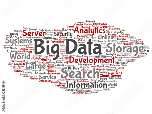 Vector concept or conceptual big data large size storage systems abstract word cloud isolated background. Collage of search analytics world information, nas development, future internet mobility text