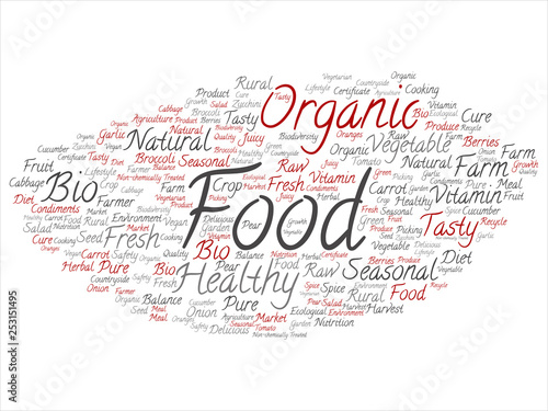 Vector concept conceptual organic food healthy bio vegetables abstract word cloud isolated background. Collage of natural, fresh tasty farm agriculture, certificate ecological garden quality crop text