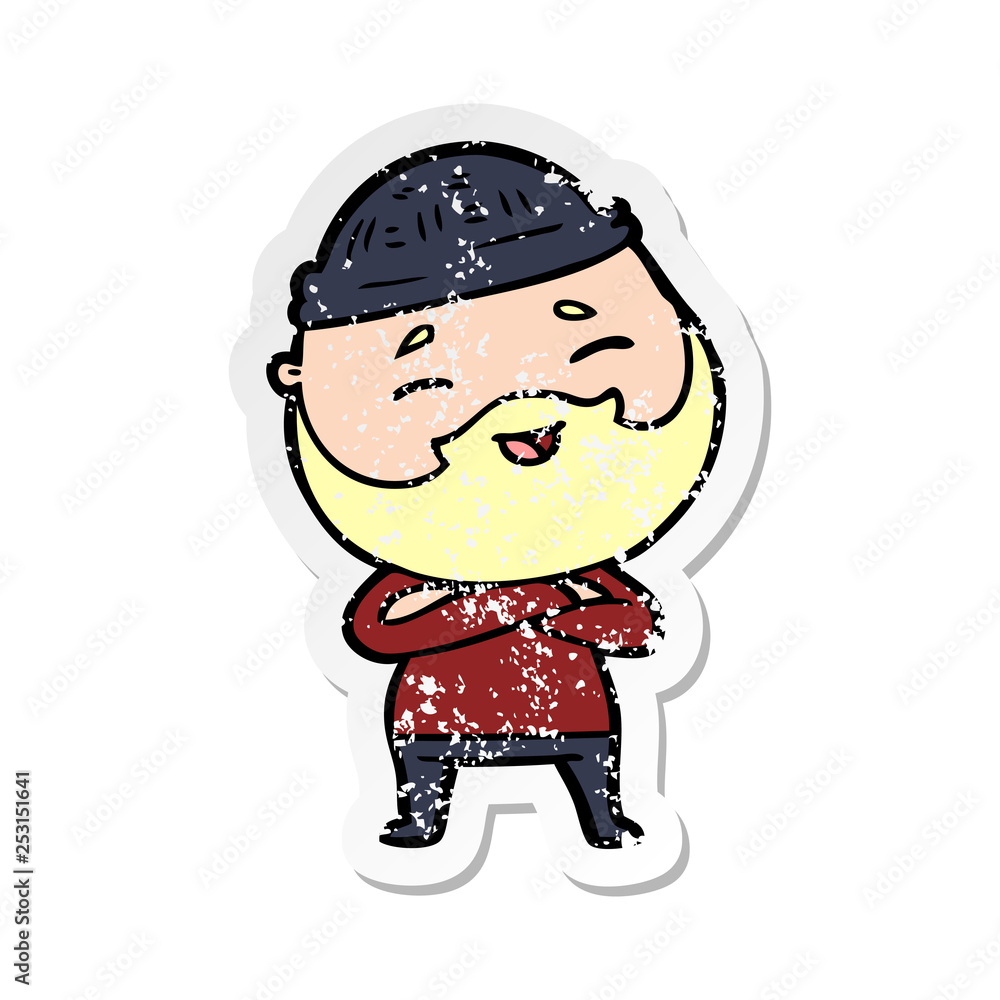 distressed sticker of a cartoon happy bearded man