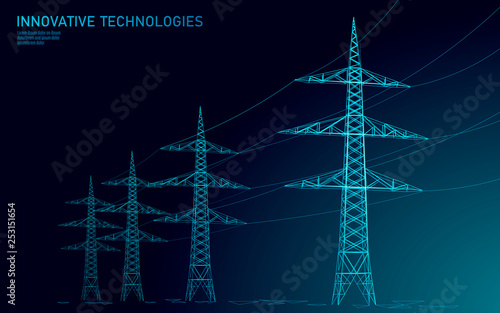 Low poly high voltage power line silhouette. Electricity supply industry pylons outlines on dark night blue sky. Innovation ecectrical technology banner template vector illustration