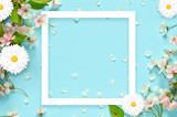 Beautiful spring nature background with lovely blossom, petal a on turquoise blue background , top view, frame. Springtime concept.