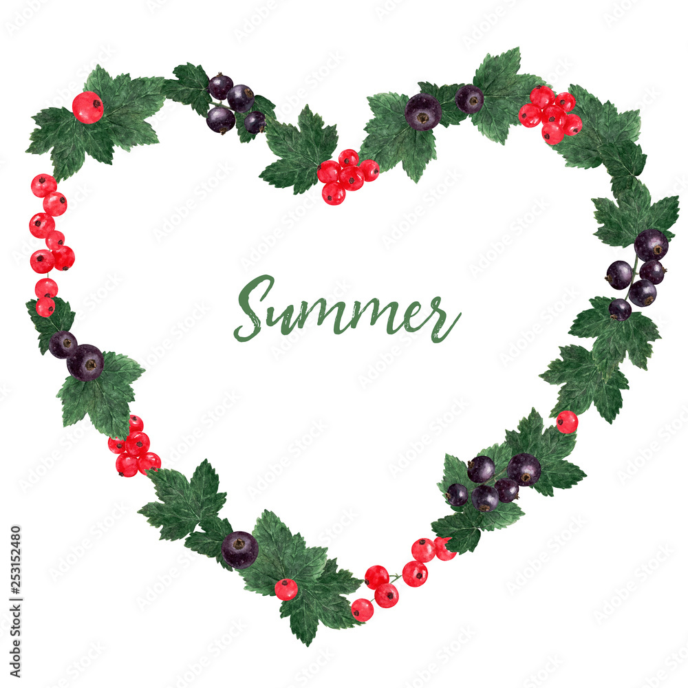 Heart shaped frame made of red and black currant berries and leaves, isolated on white, hand drawn botanical illustration. Heart shaped frame made of red and black currant berries and leaves, isolated on white, hand drawn botanical illustration.