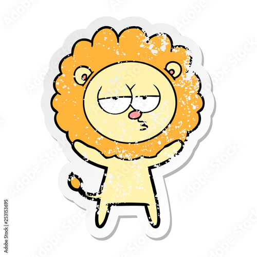 distressed sticker of a cartoon bored lion