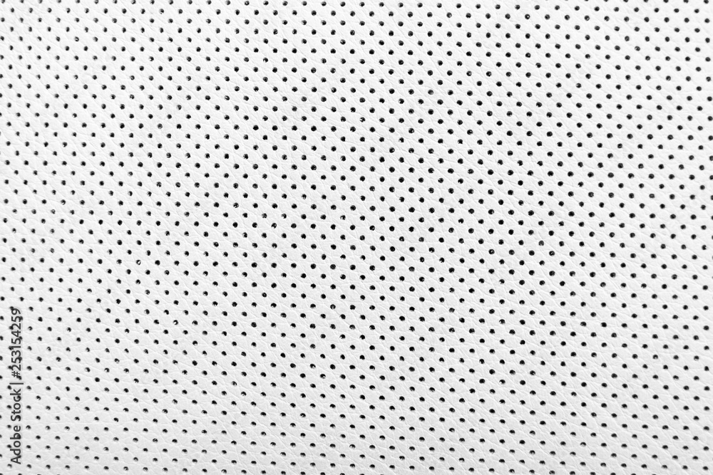 Modern luxury Car white leather interior.  Part of perforated leather car seat details. White Perforated leather texture background. Texture, artificial leather with stitching. Perforated leather seat - obrazy, fototapety, plakaty 