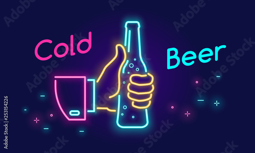 Cold beer bottle and thumbs up symbol icon in neon light style on dark background.