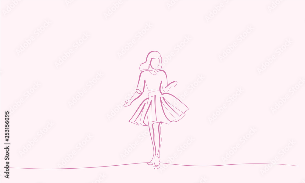 Continuous one line drawing. Girl in festive dress Continuous one line drawing. Girl in festive dress