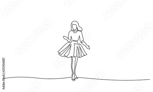 Continuous one line drawing. Girl in festive dress