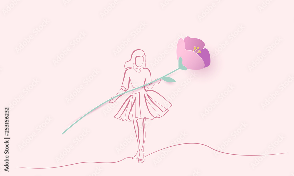 Continuous one line drawing. Girl in festive dress Continuous one line drawing. Girl in festive dress