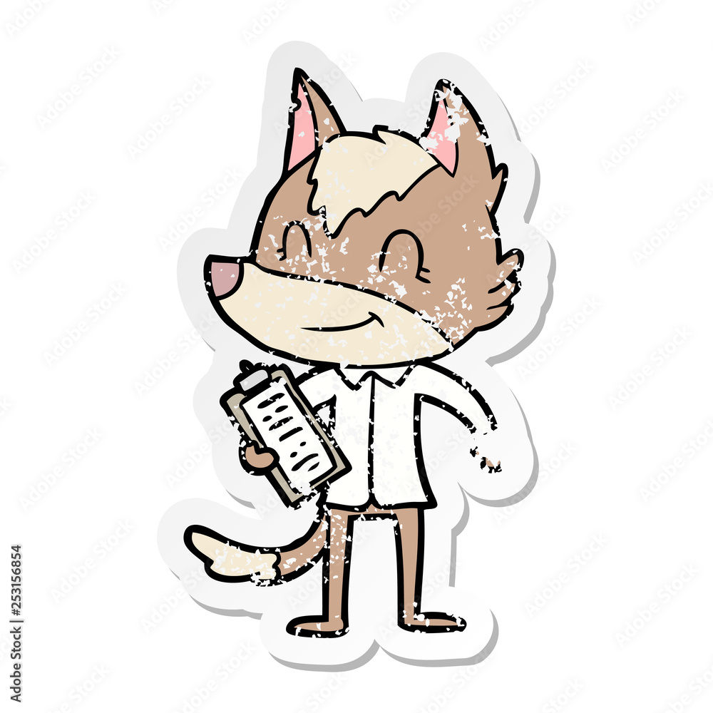 distressed sticker of a friendly cartoon wolf boss distressed sticker of a friendly cartoon wolf boss