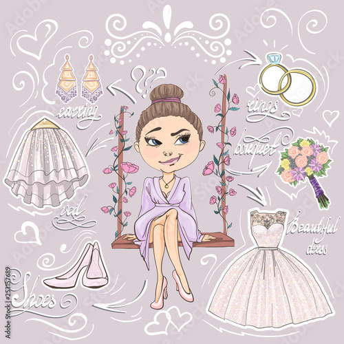 Collection of bride preparing for wedding ceremony. Set of preparations for marriage celebration day. Vector illustration in cartoon style.