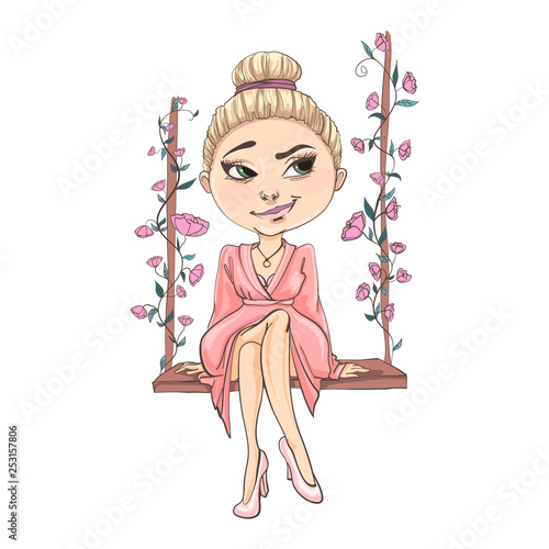 Cute girl is sitting on the swing with flowers. Vector illustration
