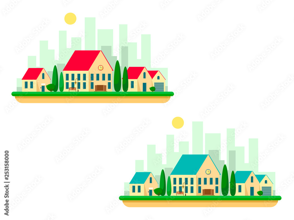 Set country houses with a school and trees with the silhouette of the city in the background. Set with red and turquoise roofs.Vector illustration of a flat style. 