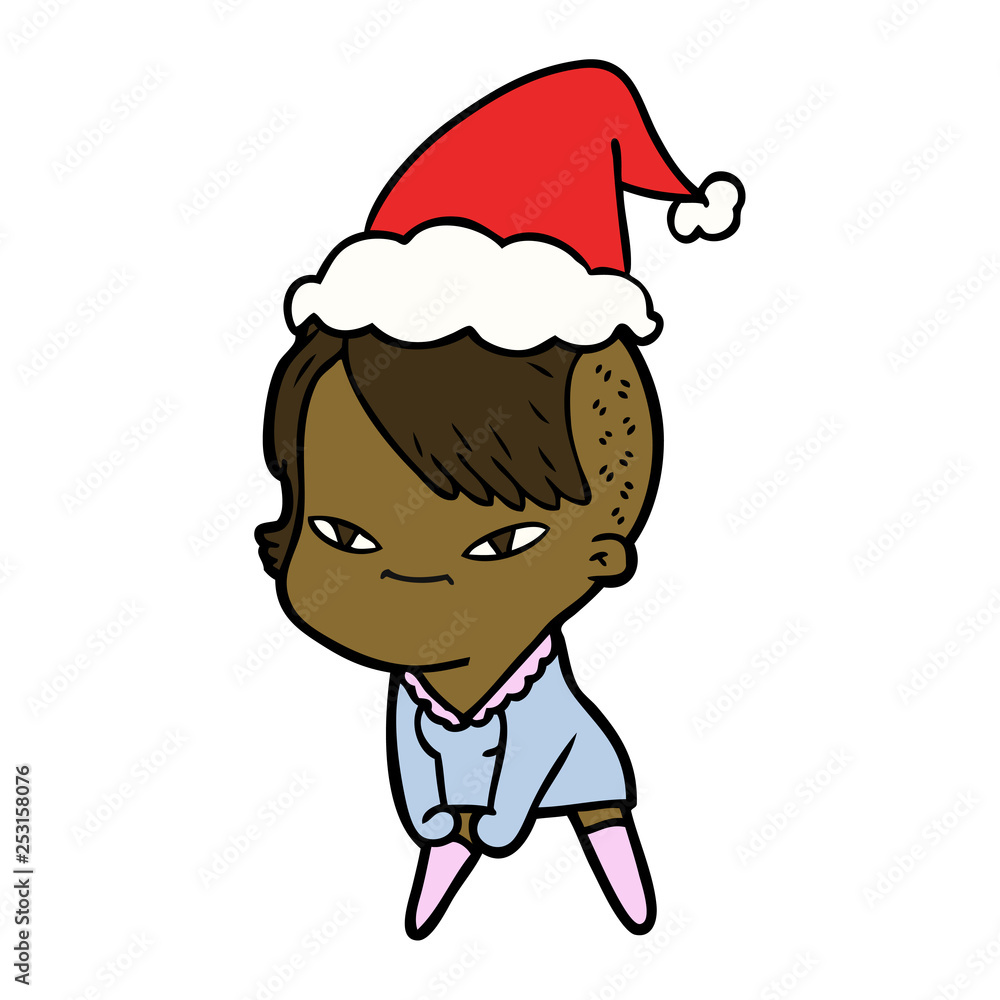 cute line drawing of a girl with hipster haircut wearing santa hat cute line drawing of a girl with hipster haircut wearing santa hat