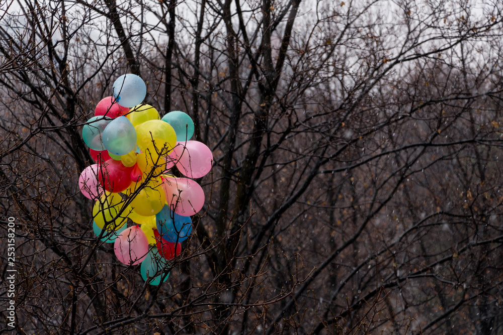 A lot of colorful balloons hanging on a tree. Tree with no leaves. Snow is falling. Winter theme.