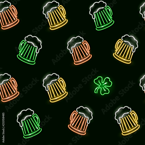 Seamless pattern with neon pints of green, light and dark beer. Alcohol, pub, bar, St. Patrick's Day, Beer festival concept. Vector 10 EPS illustration.