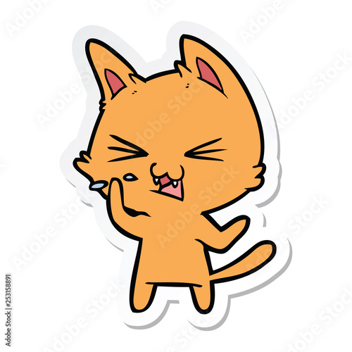 sticker of a cartoon cat hissing