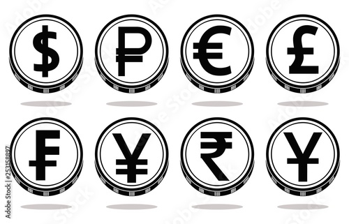 Collection of coins with black currency symbols. Vector illustration