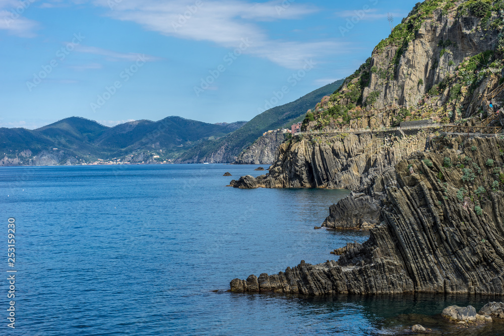 Fototapeta premium Italy,Cinque Terre,Riomaggiore, rocky cliff on Italian Riviera