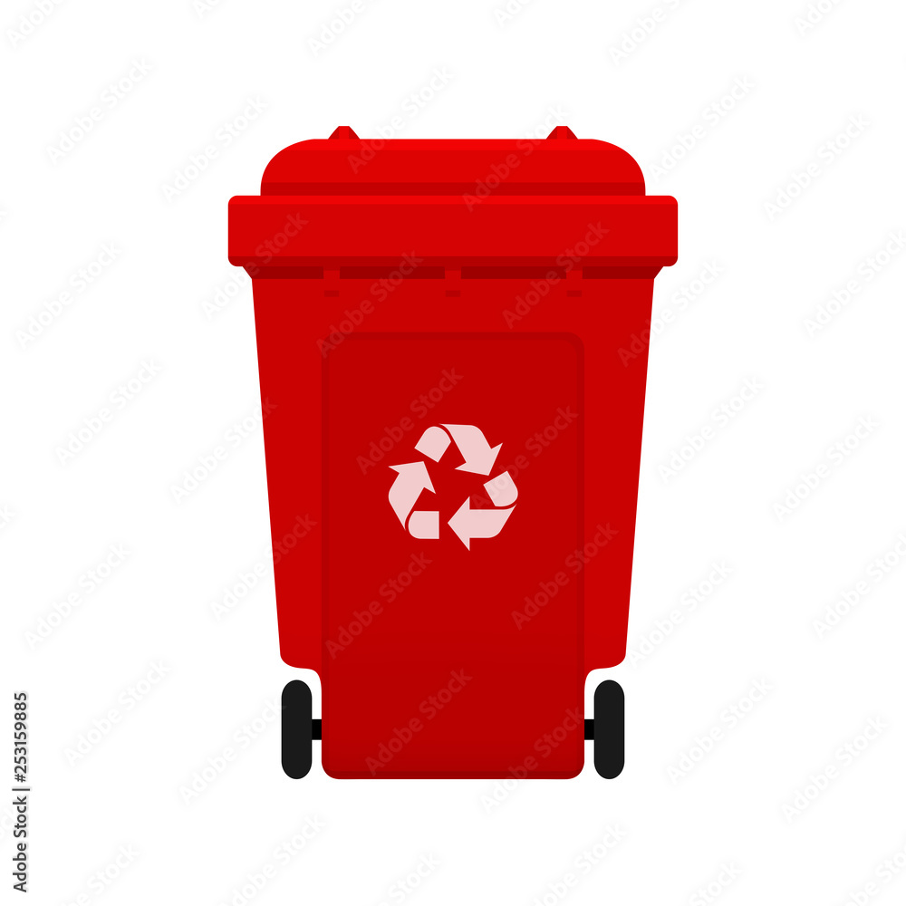 Bin, Recycle plastic red wheelie bin for waste isolated on white background, Red bin with recycle waste symbol, Front view of recycle wheelie bin red color for garbage waste Bin, Recycle plastic red wheelie bin for waste isolated on white background, Red bin with recycle waste symbol, Front view of recycle wheelie bin red color for garbage waste