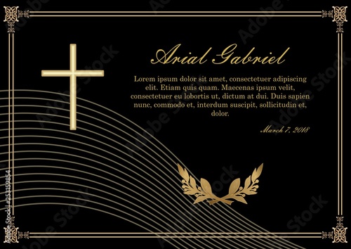Funeral announcement in luxurious design. Filigree golden embossed patterned borders. Luxurious obituary with golden crucifix and lawrence branches on black background. Vector template
