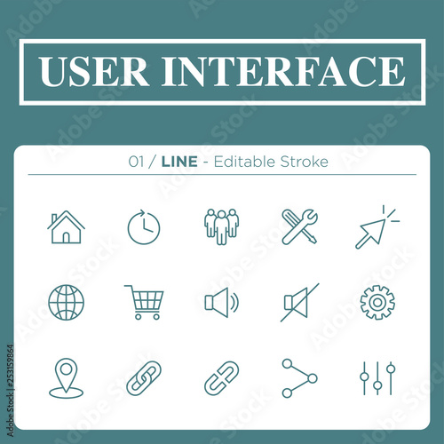set of user interface icons in line	