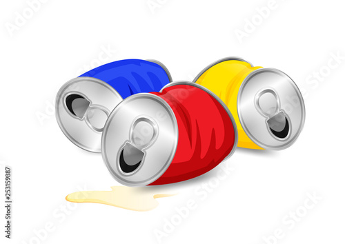 aluminum canned waste, canned garbage waste red blue and yellow colors isolated on white background, used cans illustration cartoon clip arts, garbage of crumpled aluminum cans waste
