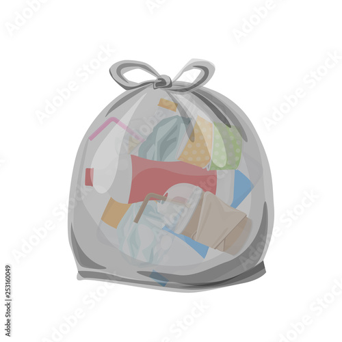 plastic waste packed in the transparent plastic bags for waste separation isolated white square background, Illustration plastic bin bags for waste, clip art plastic bag transparent flat for graphic