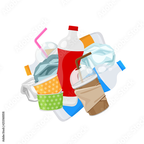pile of plastic waste dump isolated on white background, plastic bottle garbage waste, plastic waste glass and paper cup garbage, illustration for garbage pollution