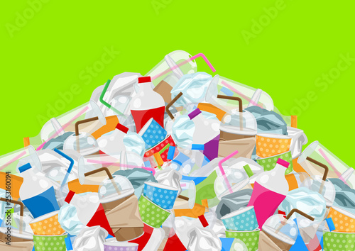 illustration pile of garbage waste plastic and paper in mountain shape isolated on green screen, bottles plastic garbage waste many, stack of plastic bottle paper cup waste dump, pollution garbage