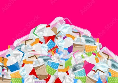 illustration of pile garbage waste plastic and paper in mountain shape isolated pink background, bottles plastic garbage waste many, stack of plastic bottle paper cup waste dump, pollution garbage