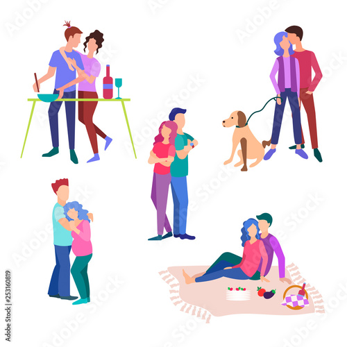 Set of vector illustrations. Young couples.