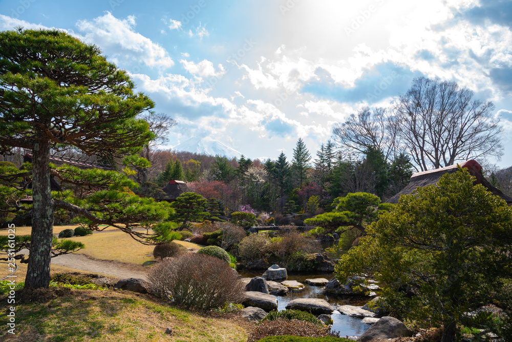 Traditional house, spring garden at ancient Oshino Hakkai village near Mt. Fuji, Fuji Five Lake region, Minamitsuru District, Yamanashi Prefecture, Japan. Architecture landscape for travel destination