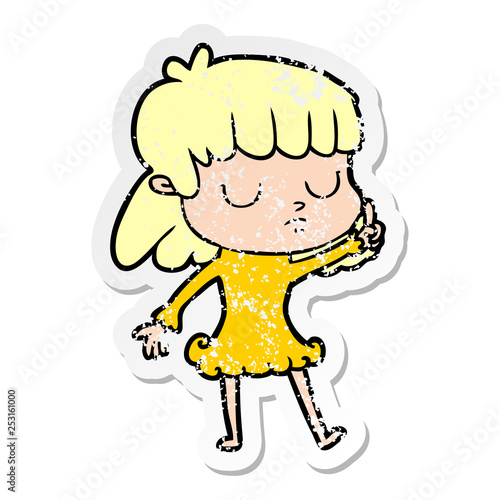 distressed sticker of a cartoon indifferent woman