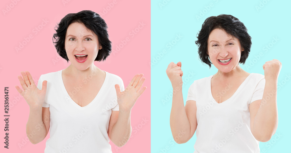 Set of surprised shocked excited asian woman face isolated on colorful background. Middle age female in summer t shirt. Copy space. Happy women Set of surprised shocked excited asian woman face isolated on colorful background. Middle age female in summer t shirt. Copy space. Happy women