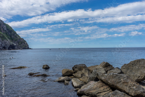 Italy,Cinque Terre,Riomaggiore, a rocky shore next to a body of water